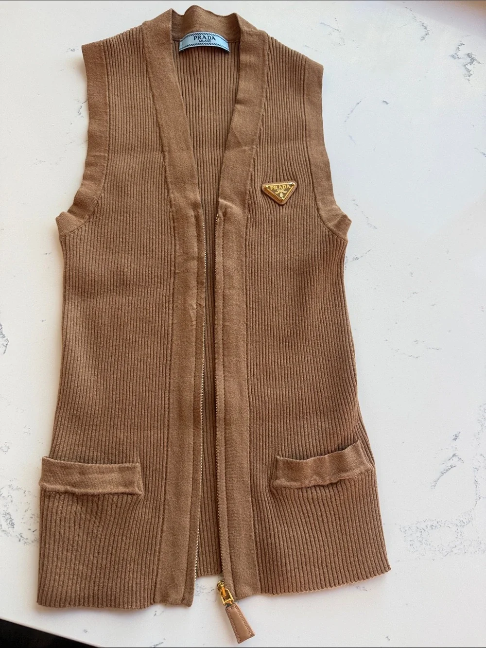 Prada Ribbed Knit Sleeveless Zip Vest Cardigan Brown Camel Leather Logo Plaque
